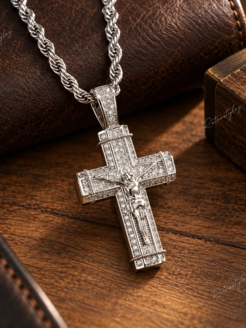 24" Mens 14K White Gold 2ct Diamond Christian Cross Pendant Necklace 24 inch NEW